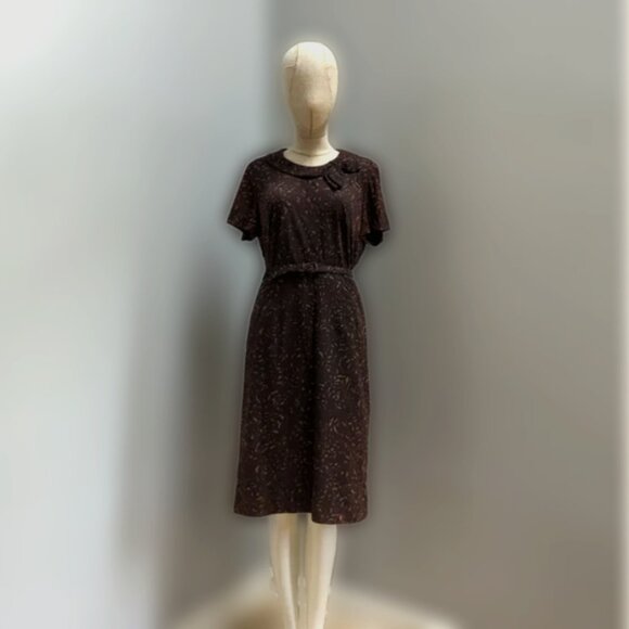 Vintage 1940s/50s Two-Piece Dress Set โ Brown Abstract Print โ Peter Pan Collar - Picture 1 of 7